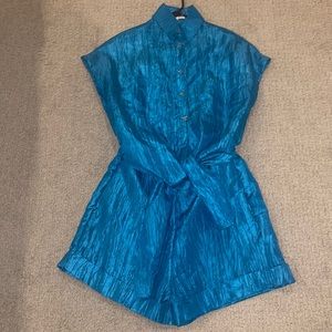 Izayla Crinkled Satin Tie-Front Playsuit in Teal - Size M
